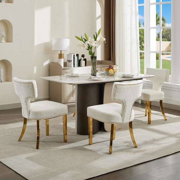 English Elm Mid Mid Century Modern Dining Chair Set with Curved Copper-Nail Backrest, High-Density Foam Seat, Brushed Stainless Legs Beige W1143P314902