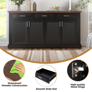 English Elm 63" Fluted Mdf Sideboard with Wood Tone Top Four Doors Three Drawers Dining Storage Black W2917S00010