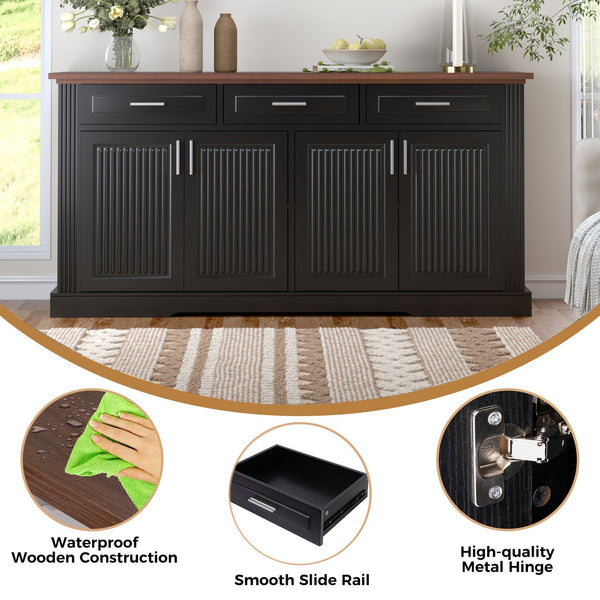 English Elm 63" Fluted Mdf Sideboard with Wood Tone Top Four Doors Three Drawers Dining Storage Black W2917S00010