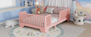 English Elm Twin Montessori Floor Bed with Safety Rails Hinged Door and Plywood Slats for Kids Pink W2593P381410