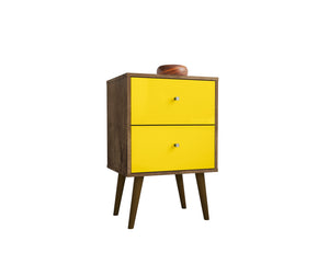 English Elm Liberty 18" Nightstand with 2 Drawers, Aqua Accent, Solid Wood Legs, Modern Handles, Compact Storage Brown+Yellow B365P398516