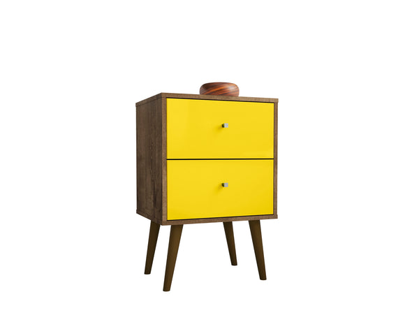 English Elm Liberty 18" Nightstand with 2 Drawers, Aqua Accent, Solid Wood Legs, Modern Handles, Compact Storage Brown+Yellow B365P398516