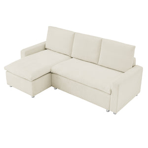 English Elm L L Shaped Convertible Sleeper Sofa Bed with Reversible Chaise, Pull-Out Bed, Hidden Storage Covers Beige W1117S00113