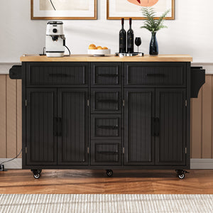 English Elm K&K 56.5" Kitchen Island with Drop Leaf, Embossed Vertical Stripe Barn Doors, Wheels & Charging Hub Black N707P263094B