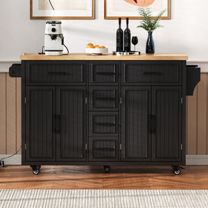 English Elm K&k Farmhouse Rolling Kitchen Island Drop Leaf Power Outlet Five Drawers Cabinet Storage Black N707S263094B