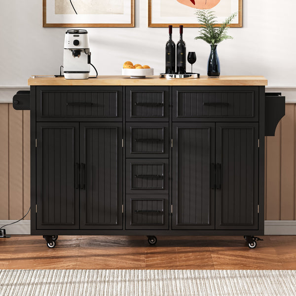 English Elm K&k Farmhouse Rolling Kitchen Island Drop Leaf Power Outlet Five Drawers Cabinet Storage Black N707S263094B
