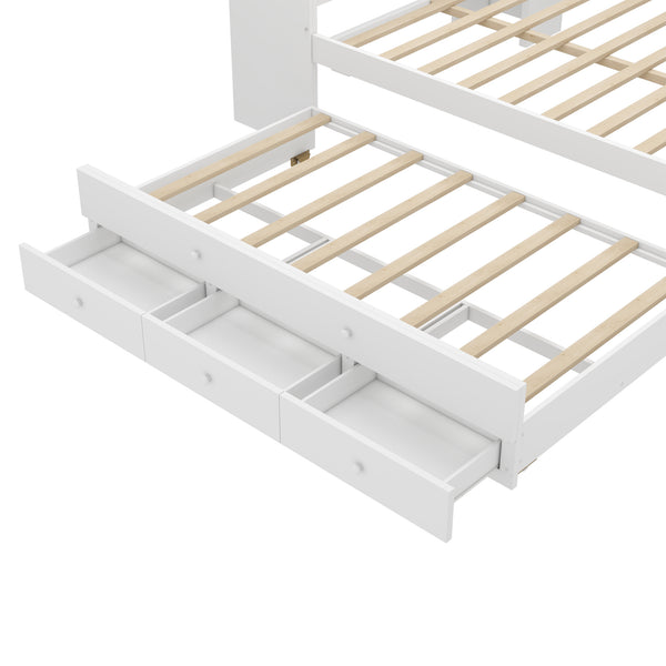 English Elm Full Size Daybed With Trundle & Desk, Solid Pine Frame, Storage Drawers, Modern White Design W1580S00205
