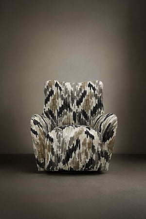English Elm Swivel Beach Accent Chair White & Black Upholstered with Ikat Pattern, Sinuous Springs, Plush Dacron Cushions B2699P393058