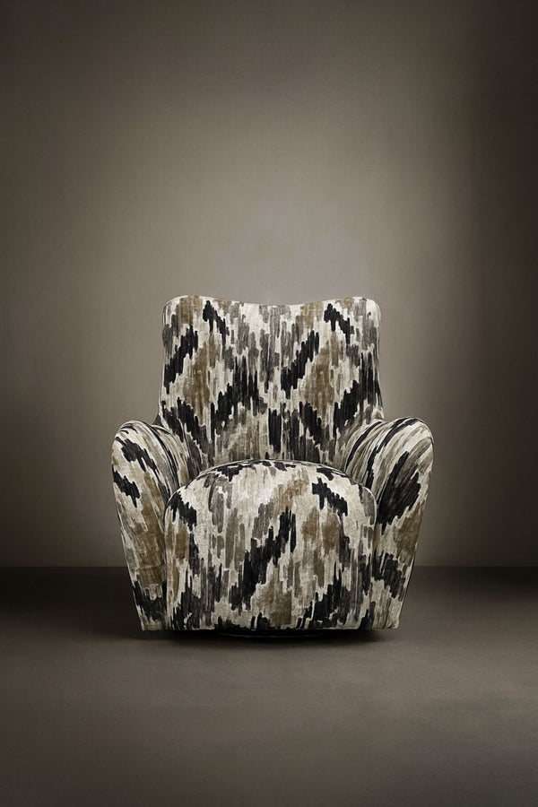 English Elm Swivel Beach Accent Chair White & Black Upholstered with Ikat Pattern, Sinuous Springs, Plush Dacron Cushions B2699P393058