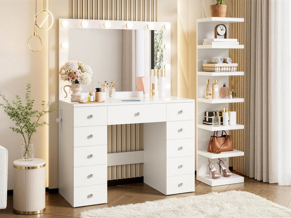 English Elm Vanity Desk Hollywood Led Mirror 11 Drawers 7 Tier Shelving White Glam Mdf N704G202309K