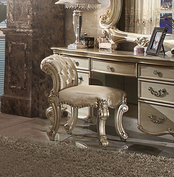 English Elm Gold Patina Rolled Back Vanity Stool with Button Tufting, Nailhead Trim & Scrolled Antique Legs B062P208997