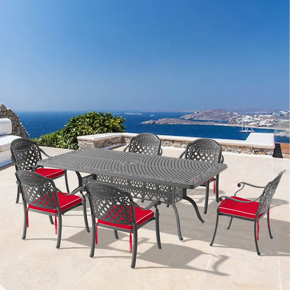 English Elm 7-Piece Cast Aluminum Patio Furniture Set With Red Cushions - Stylish, Durable & Comfortable Dining W1710S00171