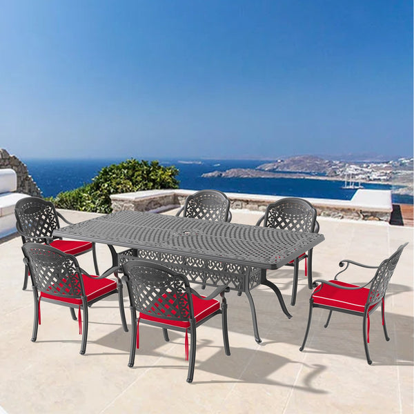 English Elm 7-Piece Cast Aluminum Patio Furniture Set With Red Cushions - Stylish, Durable & Comfortable Dining W1710S00171