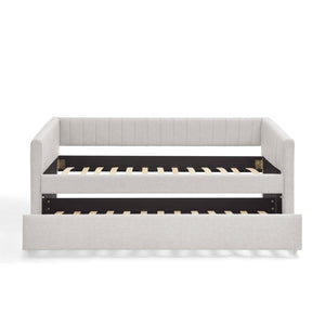 English Elm Twin Size Daybed With Trundle - Elegant Upholstered Sofa Bed In Beige Linen With Stripes, Space-Saving W1413S00090-GIGA