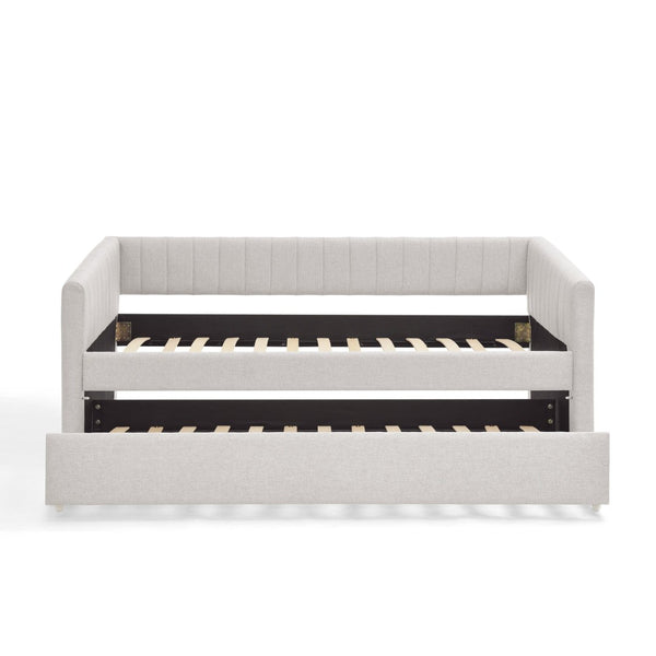 English Elm Twin Size Daybed With Trundle - Elegant Upholstered Sofa Bed In Beige Linen With Stripes, Space-Saving W1413S00090-GIGA