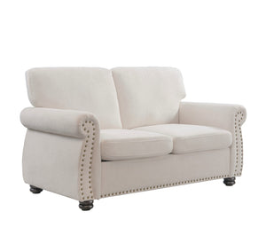 English Elm Soft Velvet Upholstered Loveseat with Turned Wood Legs Nailhead Trim Mid-century Style Ivory B2735P292313