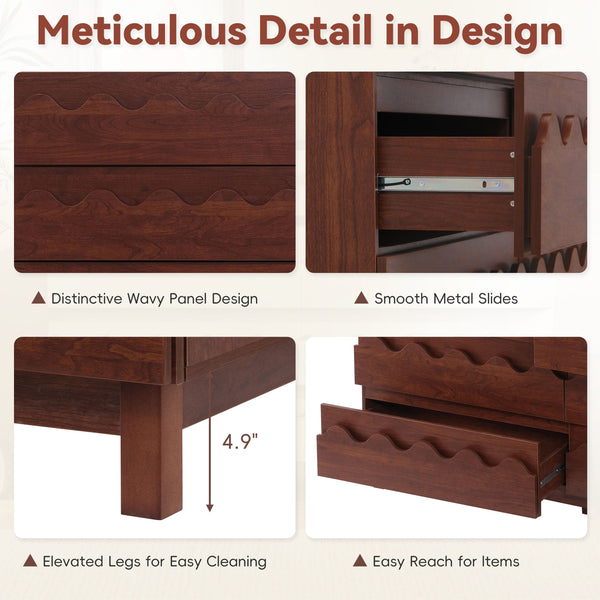 English Elm 60" Wave Front Six Drawer Dresser Sculptural Engineered Wood Media Console for Bedroom Walnut N739S0000011D