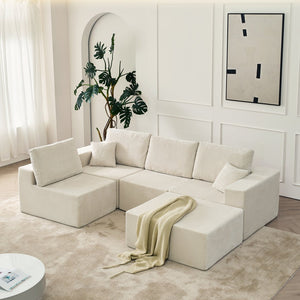 English Elm 139.3" Modular Sectional Sofa - Cloud-Like Boneless Corduroy Couch with Ottoman, 2 Pillows, No Assembly Beige W2656S00012