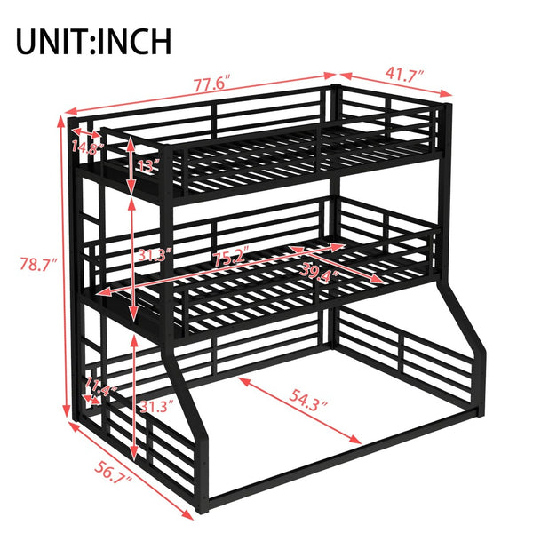 English Elm Twin Metal Triple Bunk Bed With Safety Guardrails - Heavy-Duty, Noise-Reduced Design In Black Finish P2 W1580S00177-GIGA