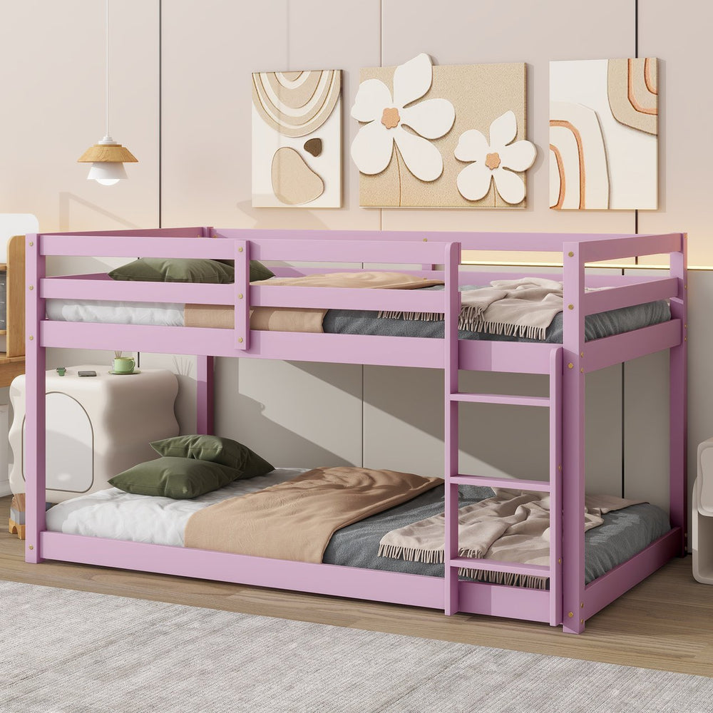 English Elm Solid Twin over Twin Floor Bunk Bed Pink – Solid Rubberwood Low-Height Platform with Ladder, Sturdy Slats, 200lb Capacity and Versatile Under-Bed Space for Kids Rooms (46.6"H x 77.3"L) W504P208048
