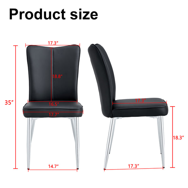 English Elm Modern minimalist dining chairs set of 4, black PU comfort seats with vertical stitch back, silver metal legs, anti-slip feet, easy assembly W1512P356180