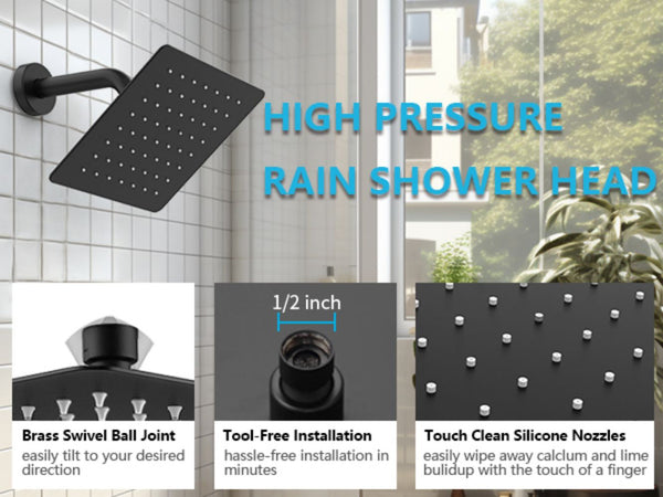 English Elm Shower 8" Square Rain Head Faucet Set with Single-Handle Mixer, 15" Arm, Rack Storage & Detachable Trim (Modern) Matte Black T3177P269146
