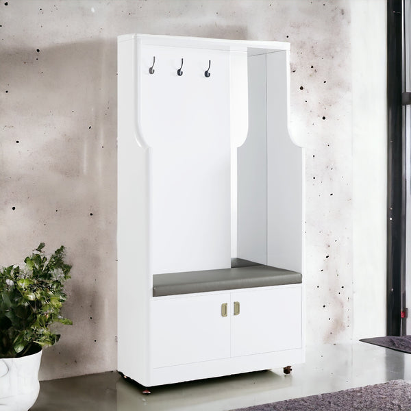 English Elm Buck Buck II White High Gloss Hall Tree with Padded Seat, Mirror, 3 Hooks & 2-Door Storage Cabinet B2726P278589