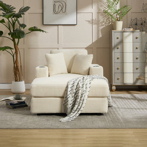 English Elm [New]Corduroy Chaise Lounge Sofa with Cup Holders,Detachable Cushions,Deep SeatMagazine Bag Beige W2120P322752