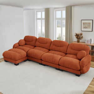 English Elm Pleated Chenille Sectional Sofa with Ottoman Ergonomic Foam Curved Armrests Living Room Orange W5656S00071