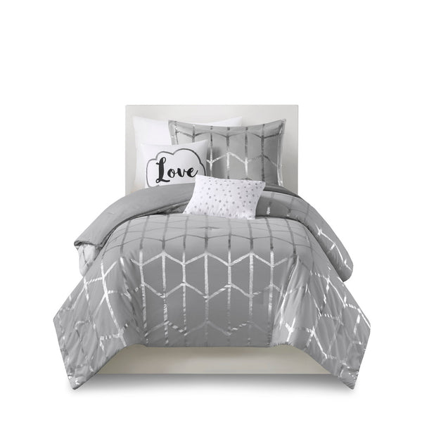 JLA Home Intelligent Design - Metallic Geometric Comforter Set with Soft Grey Microfiber, Embroidered Accent Pillows & Antimicrobial Finish 90 L x 68 W x 1H ID10-1243