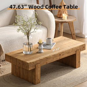 English Elm 47.6" Farmhouse Solid Wood Coffee Table Natural Rustic Rectangular Low Profile Sturdy Double Base W3306P318547