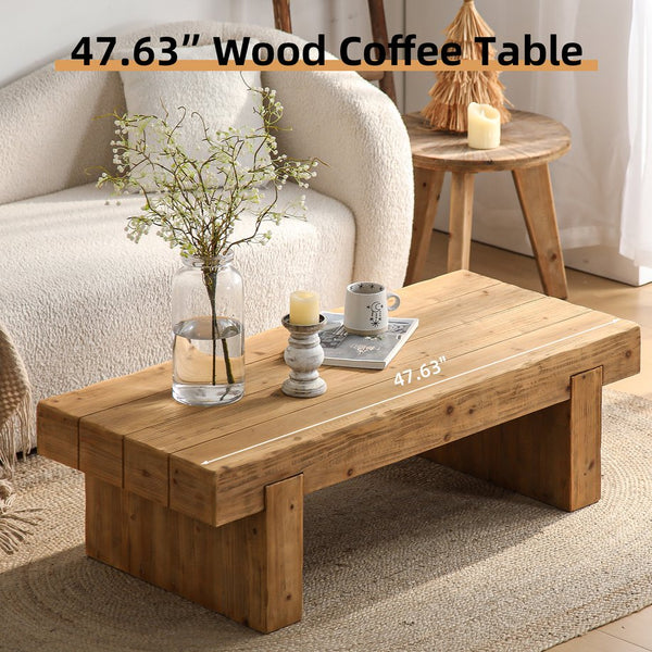 English Elm 47.6" Farmhouse Solid Wood Coffee Table Natural Rustic Rectangular Low Profile Sturdy Double Base W3306P318547
