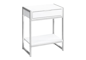 English Elm Accent Table - Modern Glossy White Nightstand With Chrome Metal Base & Storage Drawer For Small Spaces B2710P219304