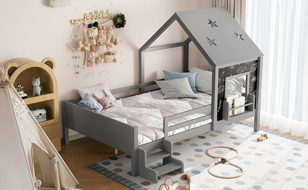 English Elm Full Bunk Bed with Trundle Bookshelf Storage Pine Frame Car Design for Kids Gray W1580S00296
