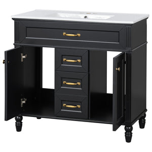 English Elm 36 Inch Bathroom Vanity with Ceramic Sink, Durable MDF & Solid Wood Frame, Soft-Close Doors, Luxe Handles, Ample Organized Storage, Modern Freestanding Design Black N725P314034B