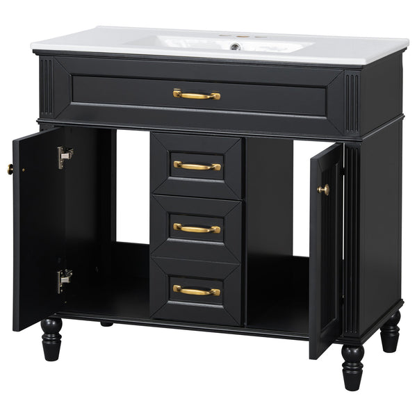 English Elm 36 Inch Bathroom Vanity with Ceramic Sink, Durable MDF & Solid Wood Frame, Soft-Close Doors, Luxe Handles, Ample Organized Storage, Modern Freestanding Design Black N725P314034B