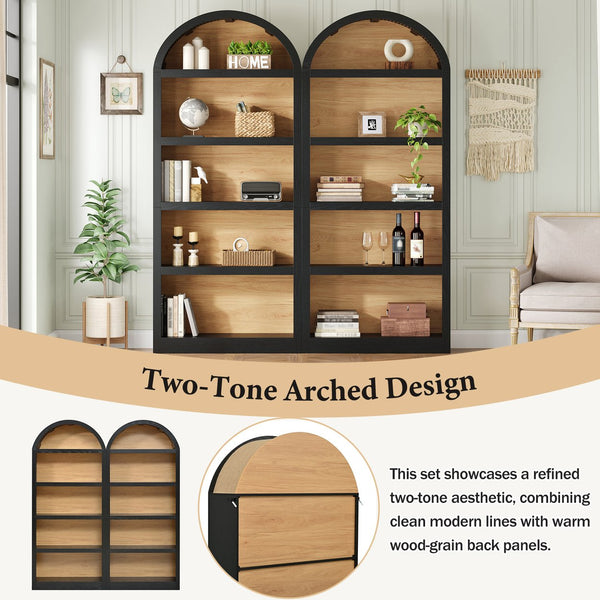 English Elm On-trend Farmhouse Two-tone Bookcase Set Arched Fabric Crown Open 5-tier Shelving Black+Natural N721P411205B