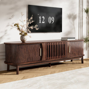 English Elm Modern Farmhouse TV Stand with Textured Woodgrain, Waterproof Surface, Sliding & Drop-Down Storage (75") N710P257615P