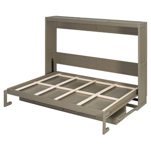 English Elm Queen Murphy Bed Cabinet with Vanity Desk Hydraulic Lift Mirror Distressed Finish Gray LP000766AAE-1