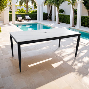 English Elm Outdoor Modern Patio Dining Table 35.5"x71" with Sintered Stone Top, Tapered Legs, Weatherproof Elegance Ember Black Frame,Greek White Marble-Inspired Sintered Stone W1886P272393