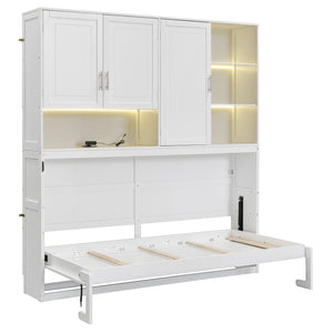 English Elm Twin Murphy Bed with Cabinet Shelves Built in Lighting Usb Ports Space Saving Wall Unit White LP000389AAK-1