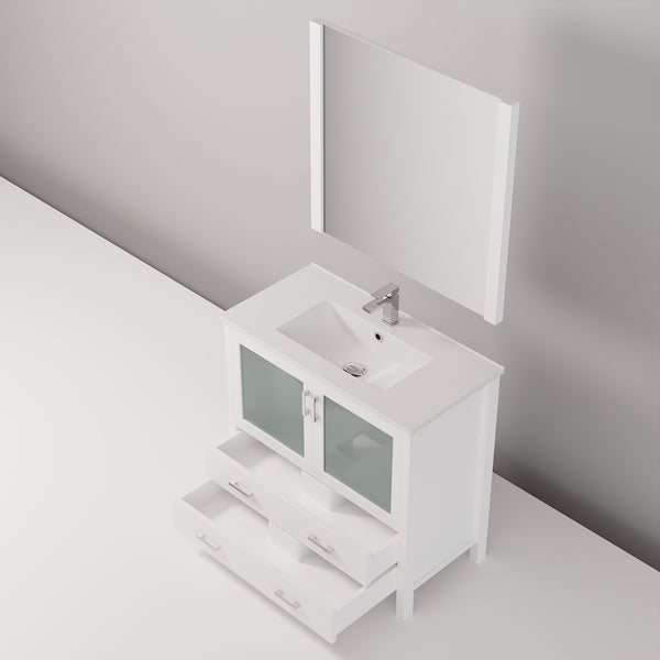 English Elm White 36 in. Bathroom Vanity with Scratch-Resistant White Ceramic Top, Chrome Faucet & 34" Mirror B2731S01288