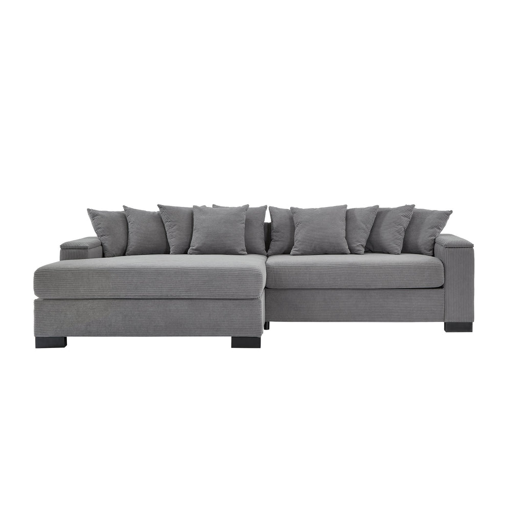English Elm 111" Corduroy L-Shape Sectional Sofa with Convertible Chaise, Arm Storage, Reversible Cushions, Grey - Durable Solid Wood Frame, 900lb Capacity W1097S00159