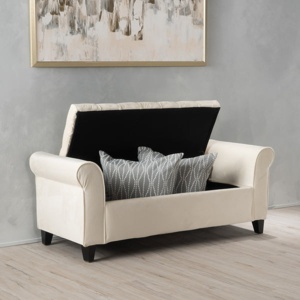 English Elm Lvory Linen Tufted Storage Bench with Rolled Arms and Hidden Lift Top Compartment N770P372389A