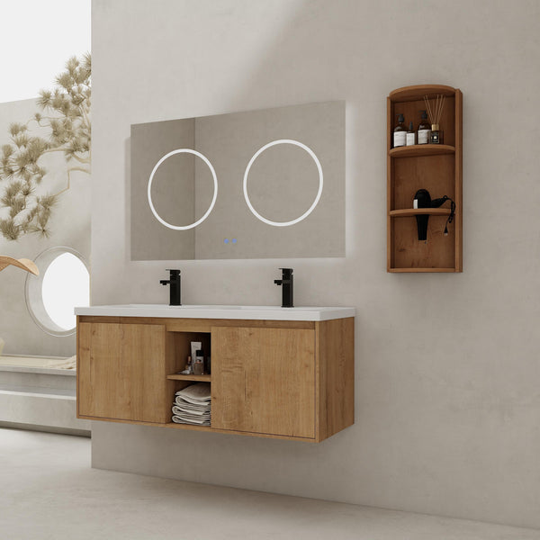 English Elm 48" Wall-Mounted Bathroom Vanity With Double Sink, Soft-Close Doors & Storage Rack For Modern Homes W999S00346