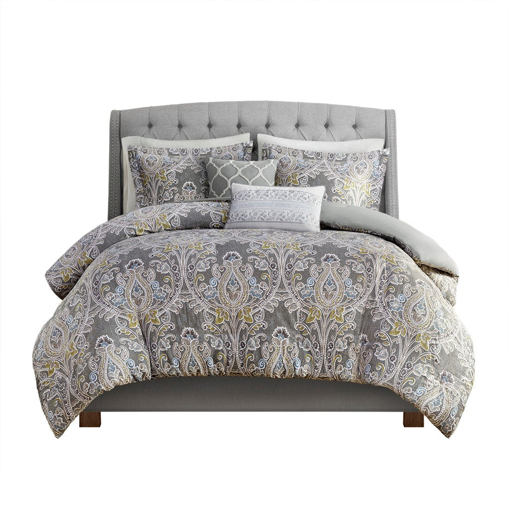 English Elm 5 Harbor House Hallie Cotton Duvet Cover Set King – Grey Damask Cotton Sateen, Embroidered Pillows, OEKO-TEX Certified B035129117