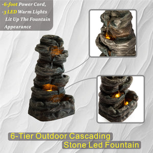 English Elm 6-tier Cascading Resin Stone Fountain with Warm Led Lights for Patio and Garden W853P412664