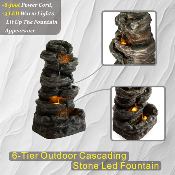 English Elm 6-tier Cascading Resin Stone Fountain with Warm Led Lights for Patio and Garden W853P412664