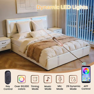 English Elm Queen Platform Bed Wingback Diamond Quilted Headboard Led Lighting Storage Drawers White W5722P462694