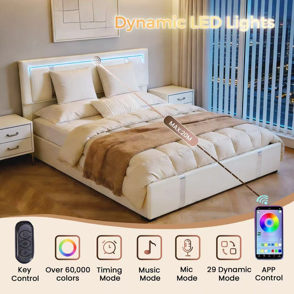English Elm Queen Platform Bed Wingback Diamond Quilted Headboard Led Lighting Storage Drawers White W5722P462694